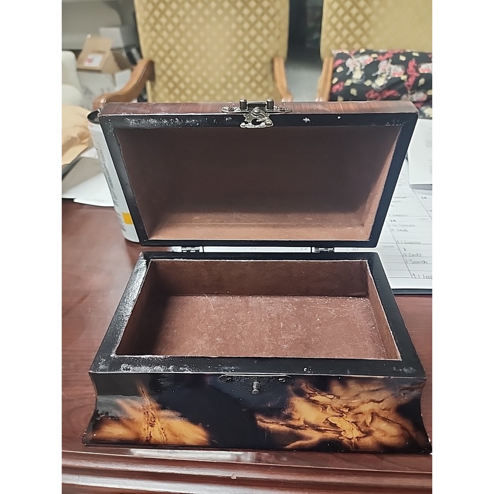 Decorative Wooden Jewelry Box Brown Black Leaves Grain Paper Mache Lacquer Lined